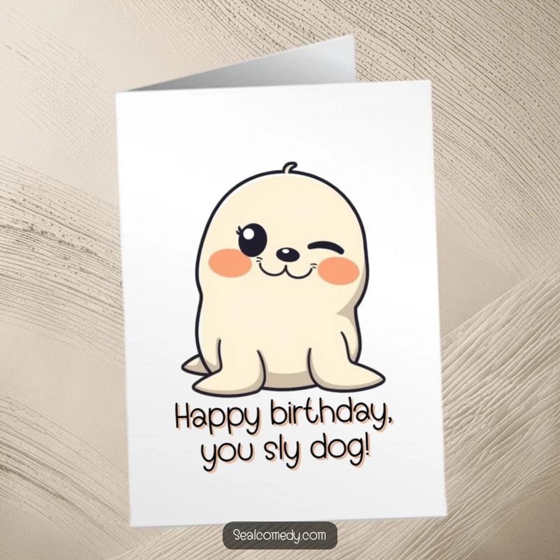 Funny free printable birthday card: A seal winking playfully with a mischievous grin, ready to share birthday secrets and laughter.