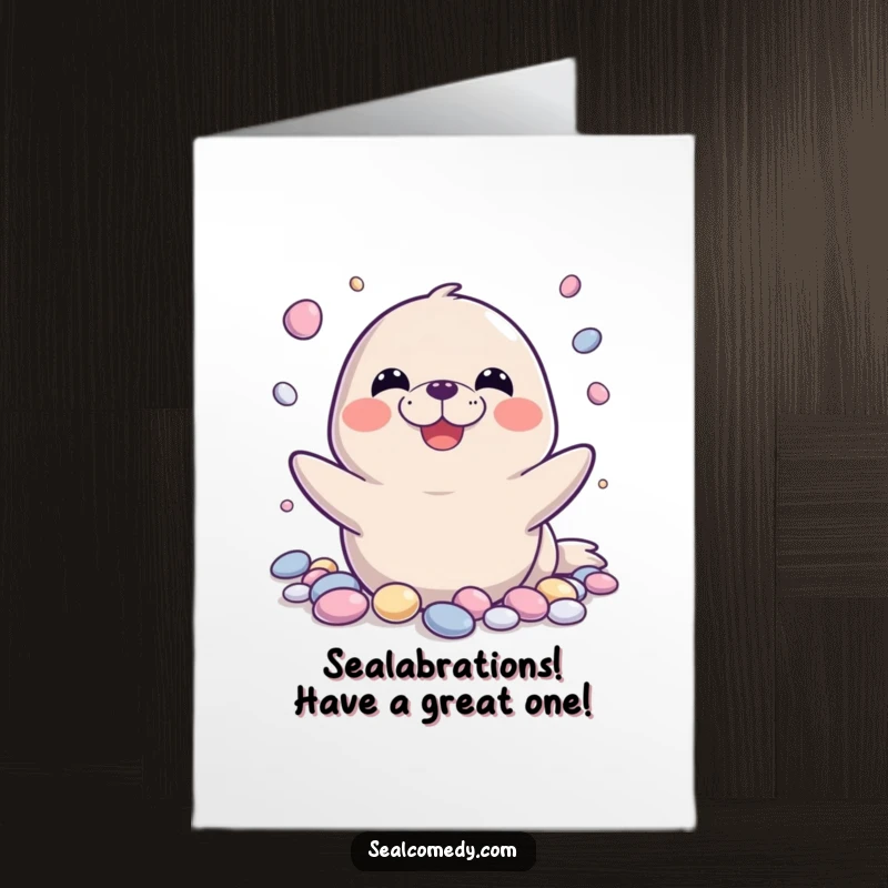 Funny Free Printable Birthday Card featuring a grinning seal skillfully juggling shiny pebbles with a joyful expression.