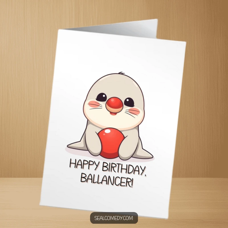 Funny Free Printable Birthday Card showing a happy seal expertly balancing a bright red ball on the tip of its nose.