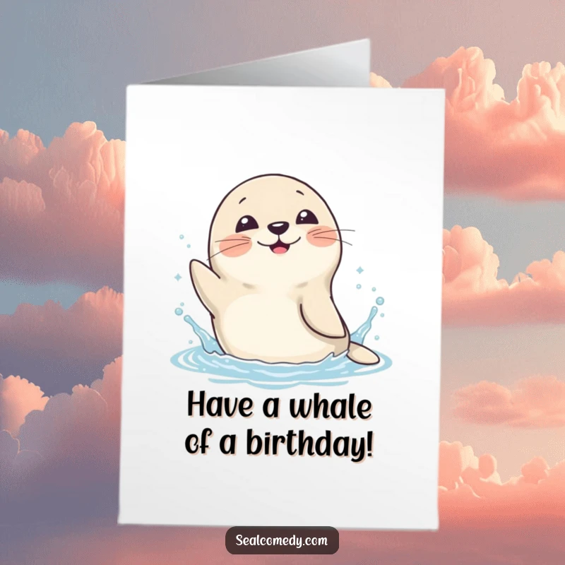 Funny Free Printable Birthday Card: A seal joyfully splashing in blue water, celebrating a birthday. A splashy, downloadable DIY gift.