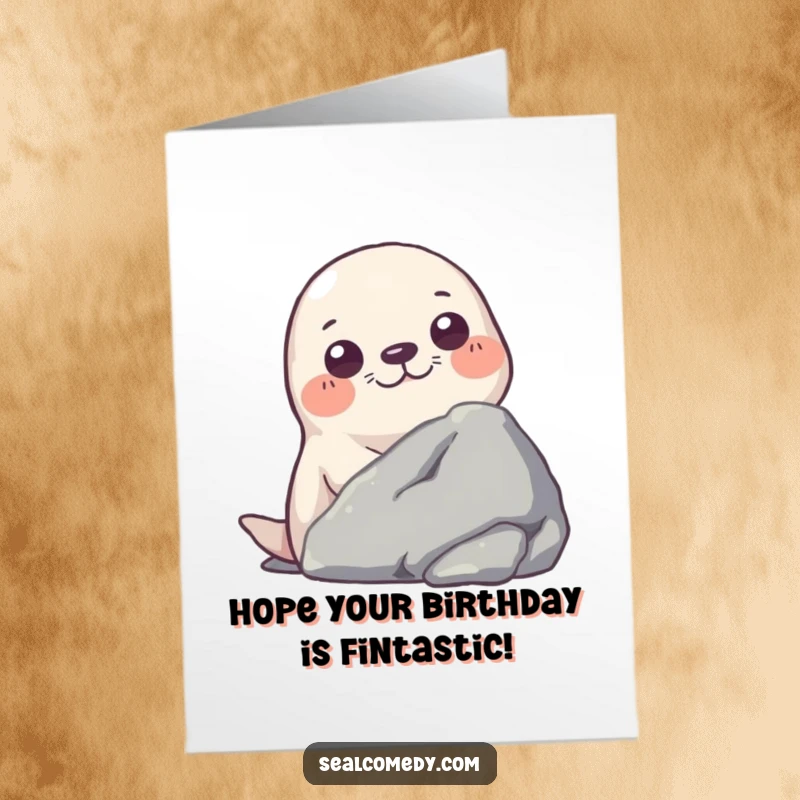 Funny Free Printable Birthday Card: A curious seal peeking from behind a rock, ready for a birthday surprise. A cute DIY gift.