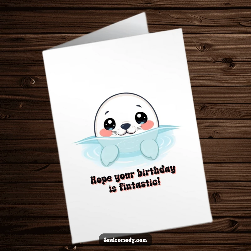 Funny Free Printable Birthday Card: A seal pup curiously peeks from the water, its wide eyes full of playful mischief.