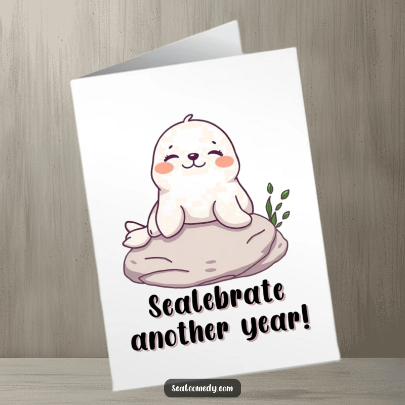 Funny Free Printable Seal Birthday Card: A content seal basks happily on a warm rock, enjoying the sunshine.