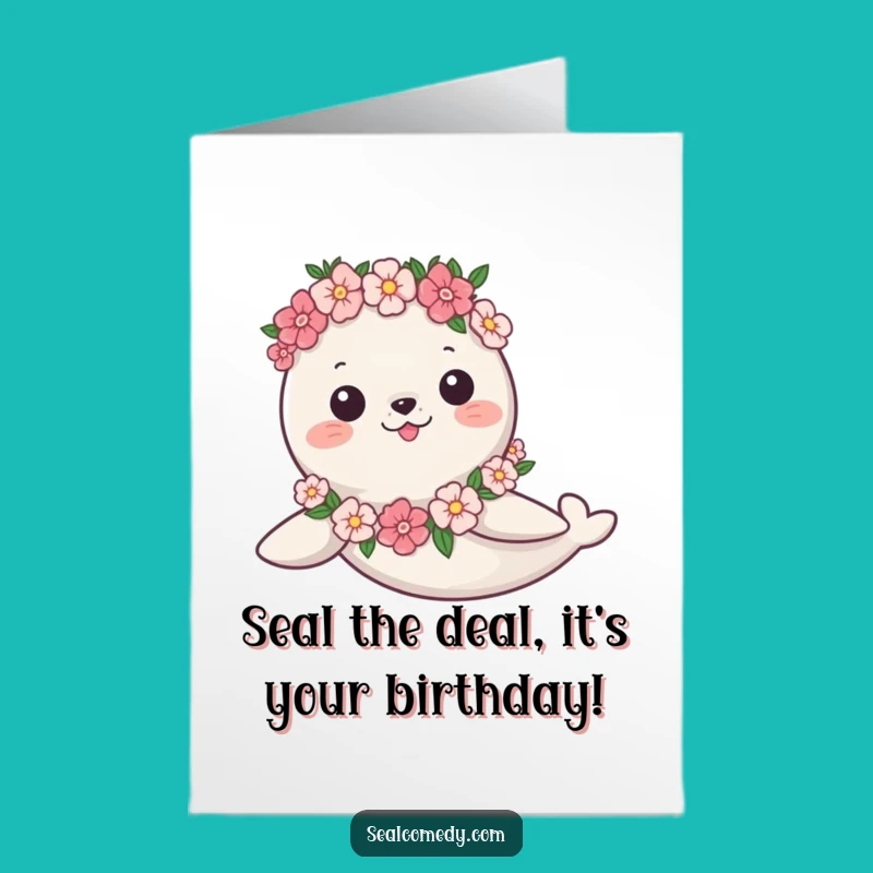 Free Printable Birthday Card: Graceful Seal with Flowers - Funny Downloadable Gift