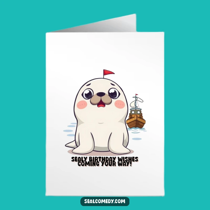 Free Printable Birthday Card: Surprised Seal Watches Boat - Funny Downloadable Gift