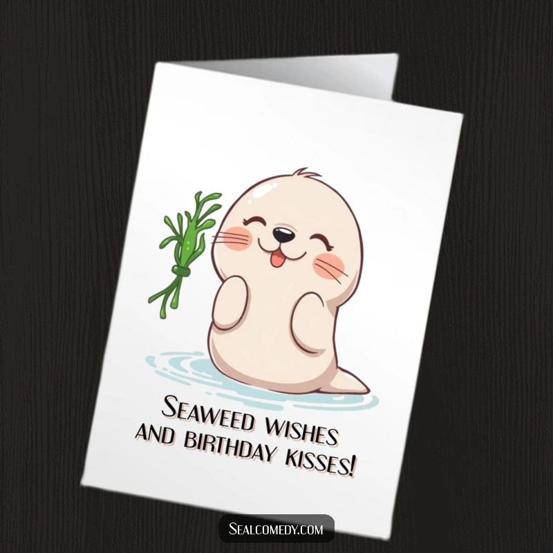 Funny Free Printable Birthday Card: Seal gleefully batting at a strand of seaweed, celebrating a birthday.