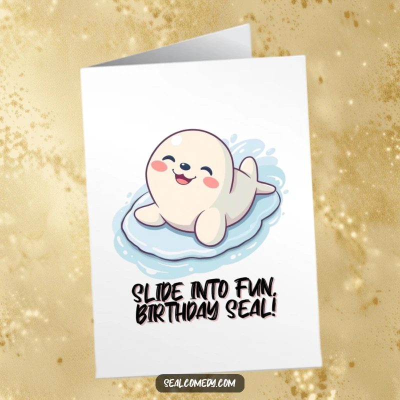 Funny Free Printable Birthday Card: A seal with a happy grin slides gleefully down a slippery surface, celebrating a birthday.