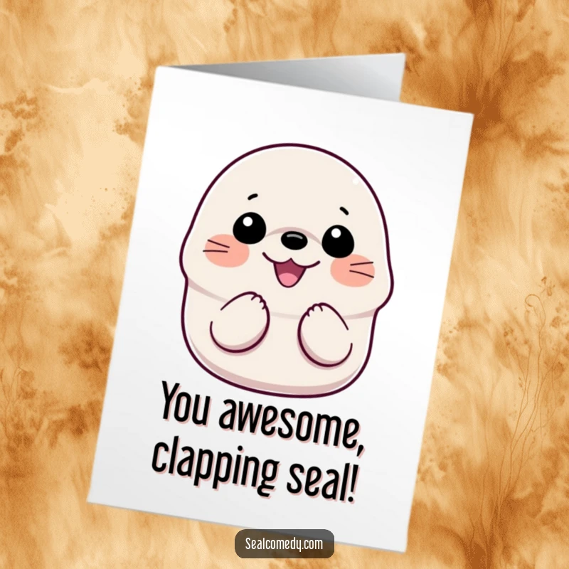 Funny Free Printable Congratulations Card: A smiling seal gleefully clapping its flippers together in celebration.