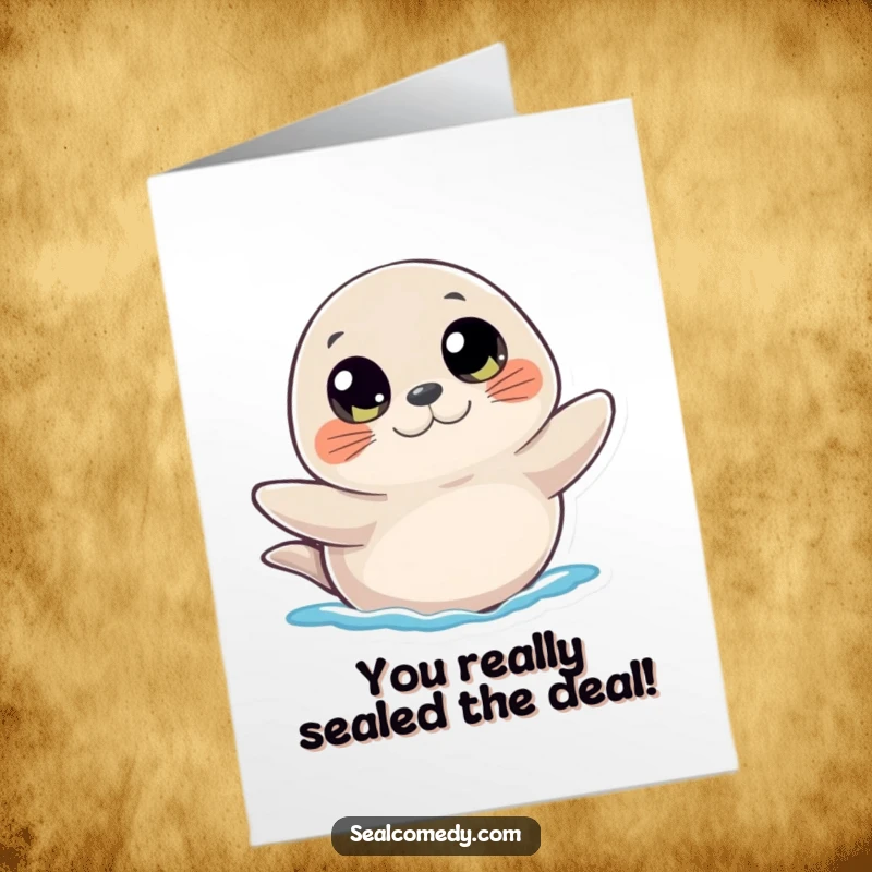 Free printable congratulations card: A seal with big, curious eyes waving a flipper, offering warm congratulations.