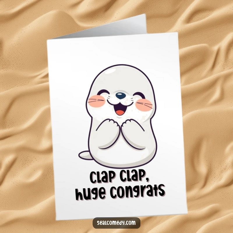 Funny Free Printable Congrats Card: Smiling seal character joyfully clapping its flippers together to celebrate your achievement.