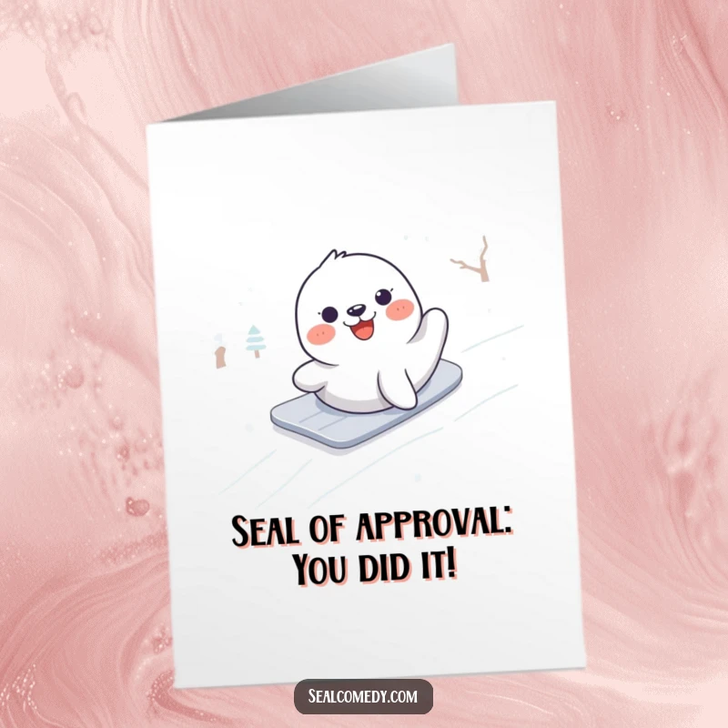 Funny Free Printable Congrats Card: A seal celebrating a snowy descent, signifying a triumphant achievement. Perfect for a downloadable DIY gift.