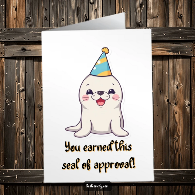 Funny free printable congratulations card: A seal in a party hat honking joyfully, celebrating a special achievement.