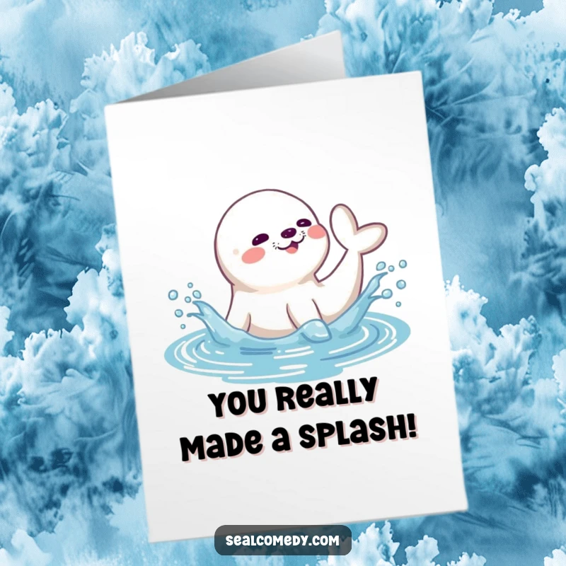 Funny Free Printable Congratulations Card: Adorable seal splashing water with its tail, celebrating a wonderful achievement.