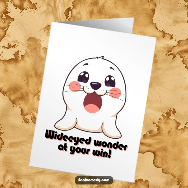 Funny free printable congratulations card: A seal with wide, innocent eyes, expressing overwhelming excitement and happiness for your fantastic achievement.