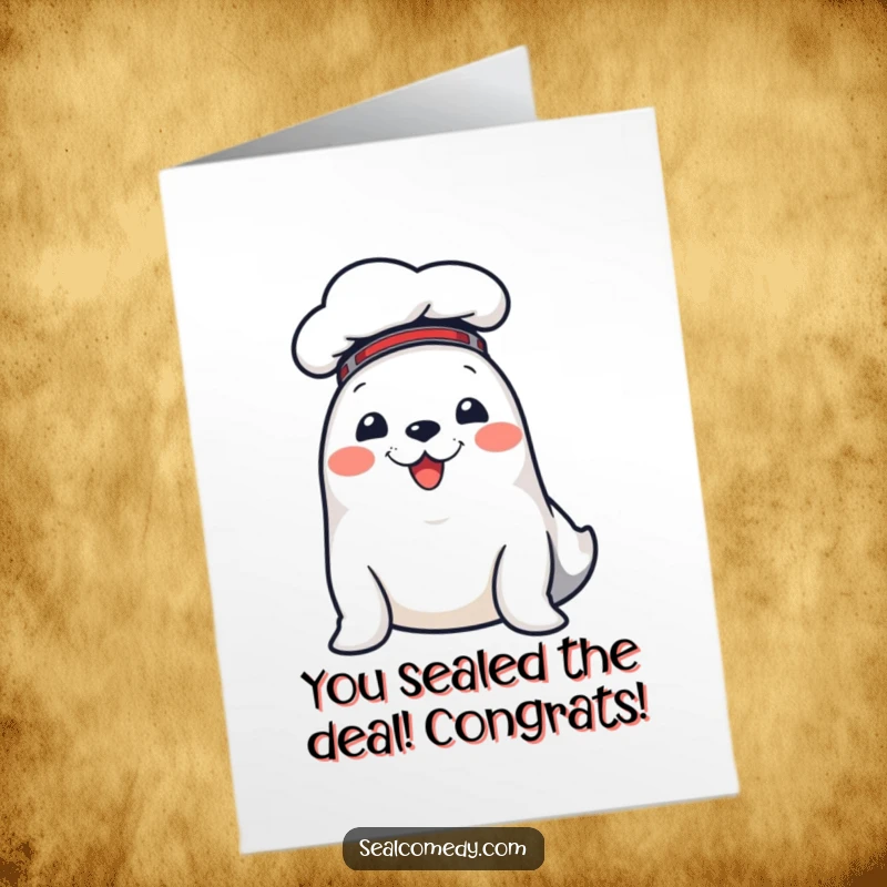 Funny free printable congratulations card: A dapper seal in a chef hat, announcing your triumph with a flourish and a smile.
