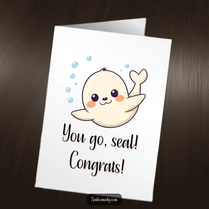 Funny Free Printable Congrats Card: A seal with a happy expression dives underwater, symbolizing a successful dive into achievement.