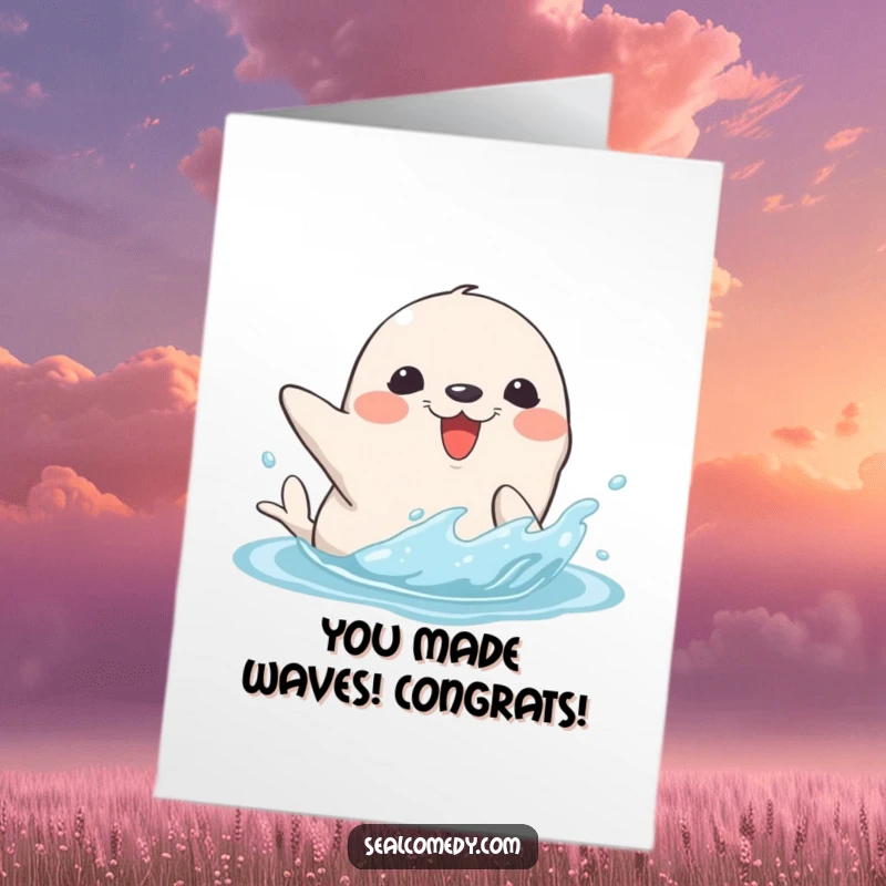 Funny Free Printable Congratulations Card: A happy seal character splashing water with its flipper, ideal for a DIY celebration.