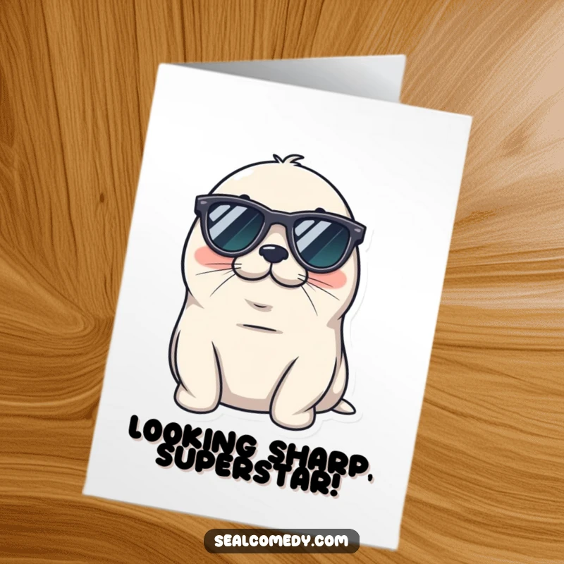 Funny free printable seal congratulations card, a seal wearing tiny sunglasses, looking cool and relaxed, celebrating achievement.