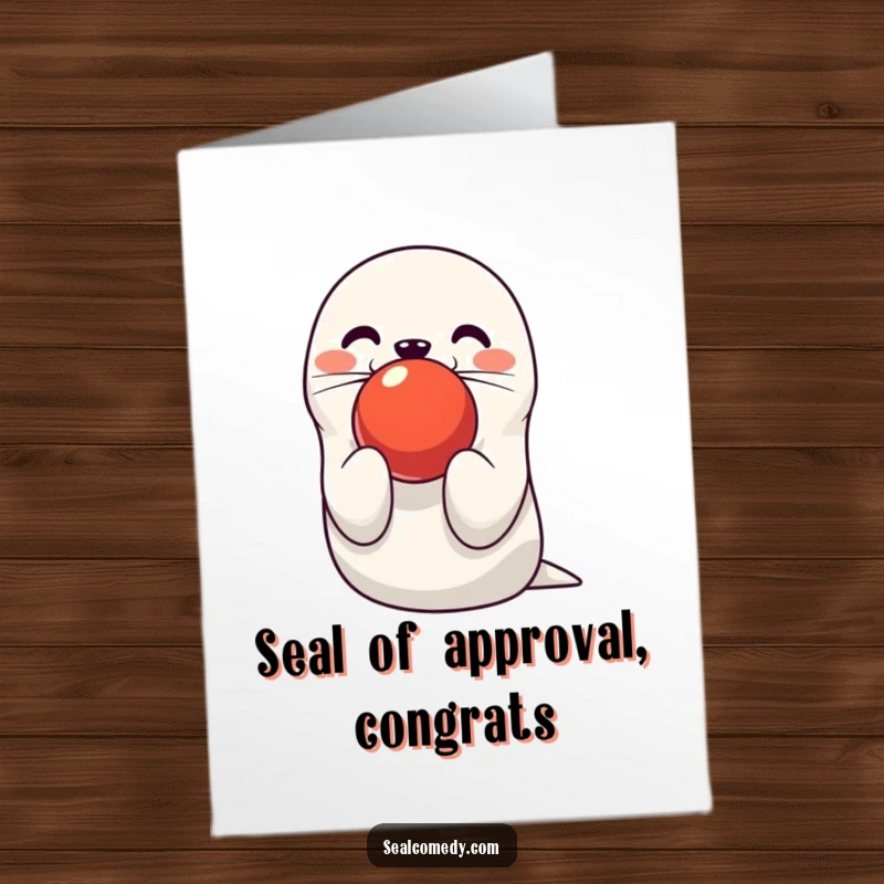 Funny Free Printable Congrats Card: Cute seal character balancing a bright red ball on its nose, celebrating your success.