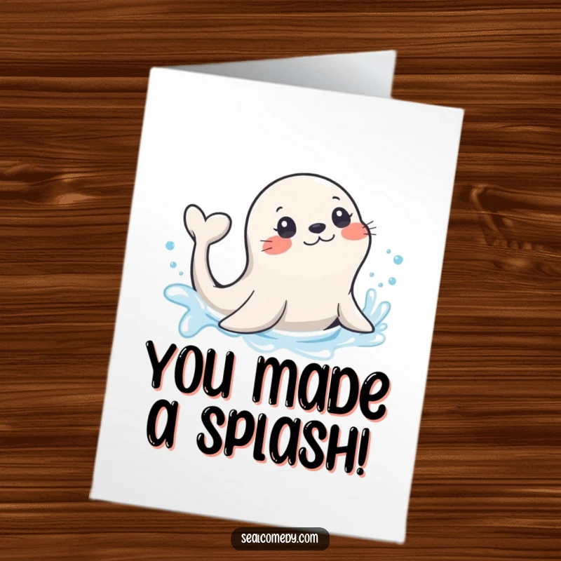 Funny Free Printable Congratulations Card: A seal playfully splashes in water with a flick of its tail, celebrating a win.