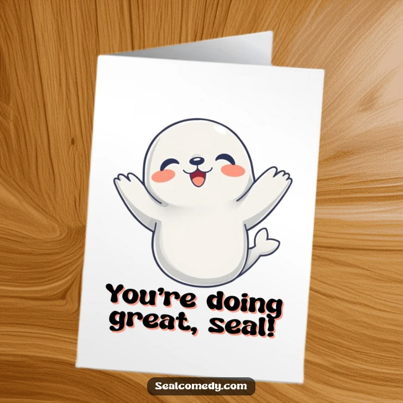 Funny Free Printable Congratulations card: A jubilant seal performs a happy dance, celebrating your success with flippers raised high.