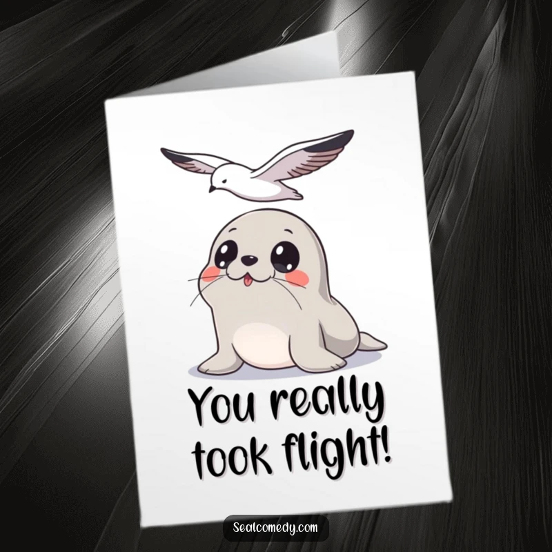 Free Printable Seal Congratulations Card: A seal with wide eyes looks up at a seagull in flight.