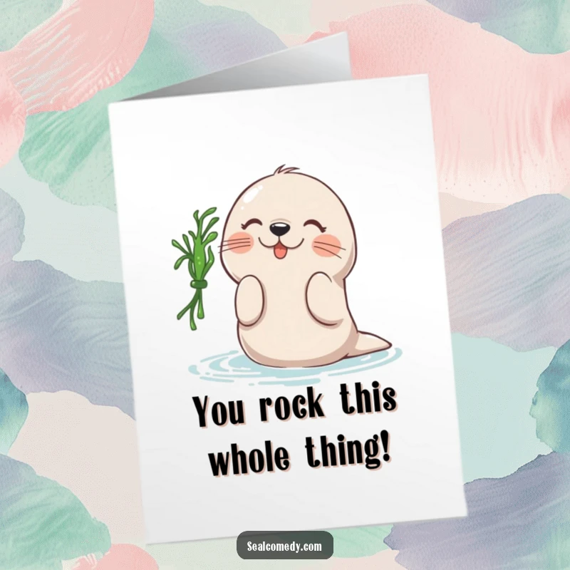 Funny Free Printable Congratulations Card: Joyful seal batting seaweed, celebrating your amazing achievement.