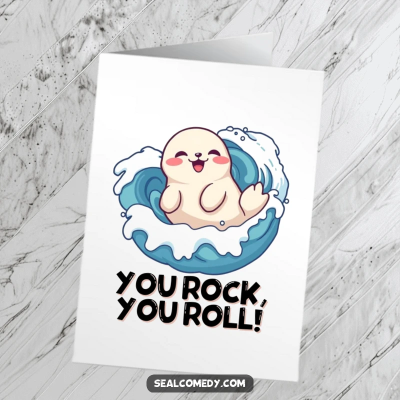 Funny free printable seal congratulations card, a delighted seal playfully rolling in stylized waves, celebrating success with glee.