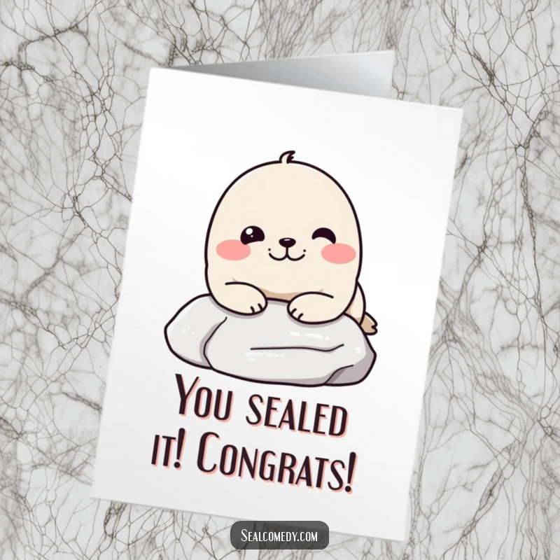 Funny Free Printable Congratulations Card featuring a seal with a pleased expression resting its chin on a stone, conveying calm success.