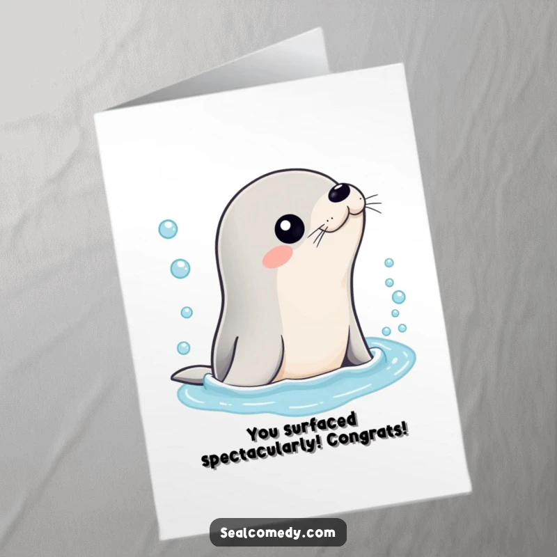 Funny Free Printable Congratulations Card: A sleek seal surfaces from sparkling bubbly water, celebrating your big win. Downloadable fun.