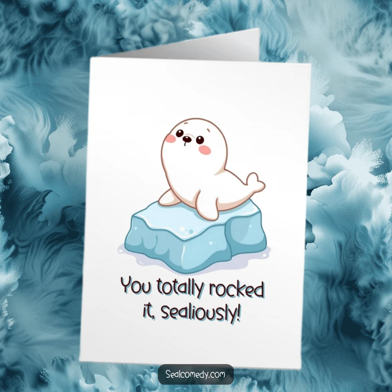 Funny Free Printable Congratulations Card: Playful seal character sliding down ice, celebrating a big achievement with glee.