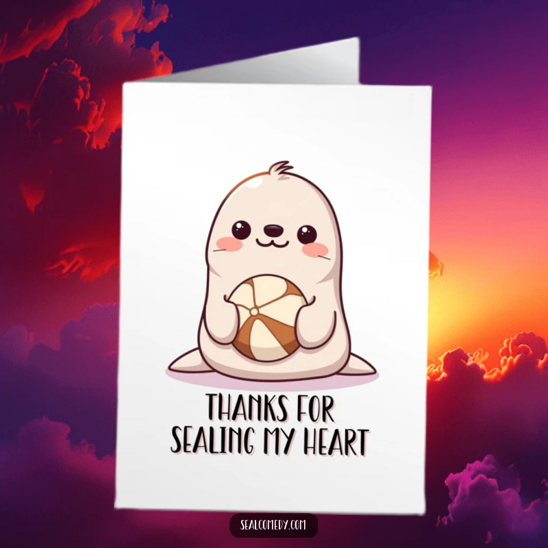 Funny Free Printable Seal Thank You Card: Happy seal smiling, balancing a ball on its nose, grateful.