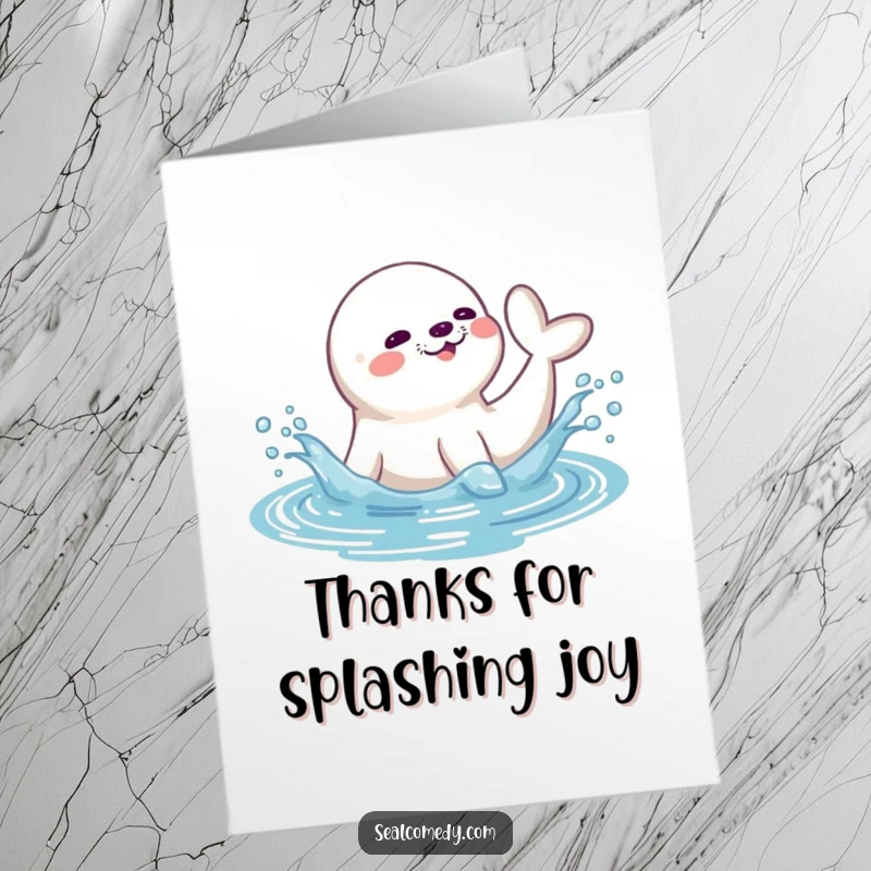 Funny Free Printable Thank You Card: Cute seal playfully creating a water splash with its tail, expressing thanks.