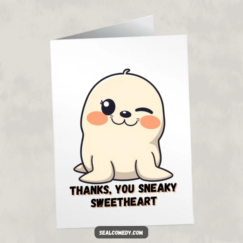 Funny free printable thank you card: A seal winking with a mischievous grin, offering a playful and unforgettable thank you.