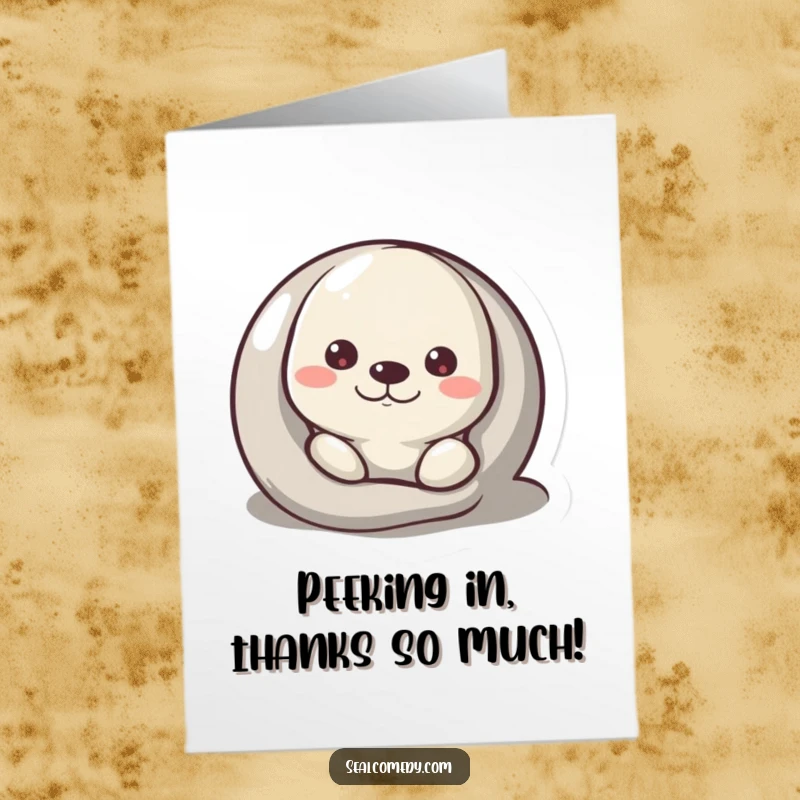 Funny Free Printable thank you card: A curious seal playfully peeks from behind a pebble, offering a unique thank you.