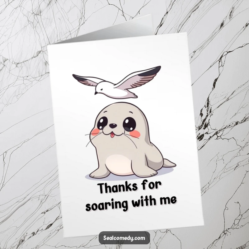 Funny Free Printable Seal Thank You Card: A seal with wide, curious eyes watches a seagull flying overhead.