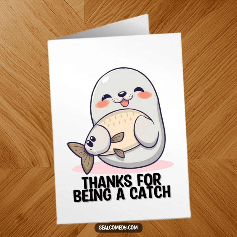 Funny Free Printable Seal Thank You Card, a proud seal catching a fish, a thoughtful downloadable gift.