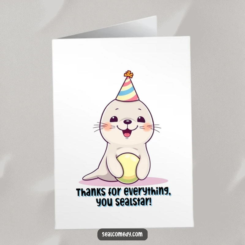 Funny Free Printable Thank You Card: A charming seal pup balances a ball, expressing thanks with a silly, happy demeanor.