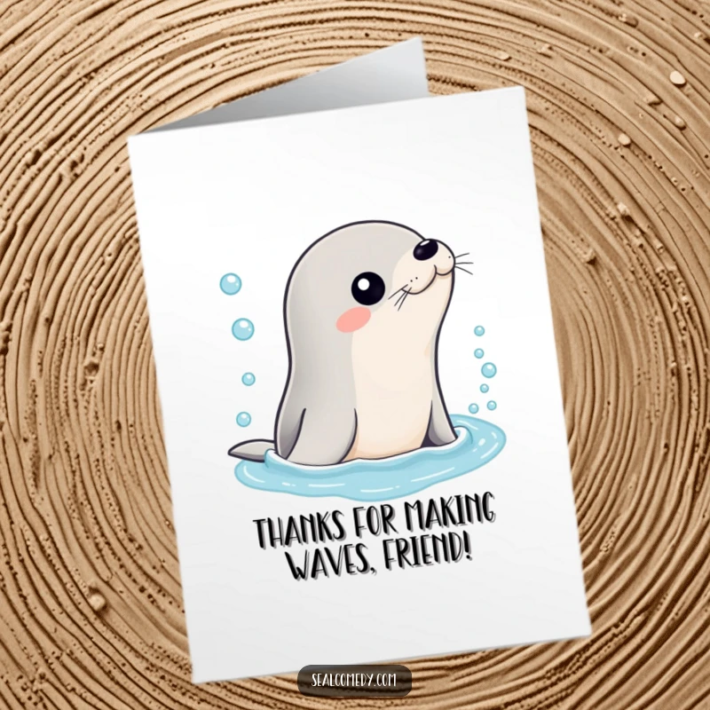 Funny Free Printable Thank You Card: A sleek seal gracefully emerges from bubbly water, offering thanks with a smile. DIY downloadable.