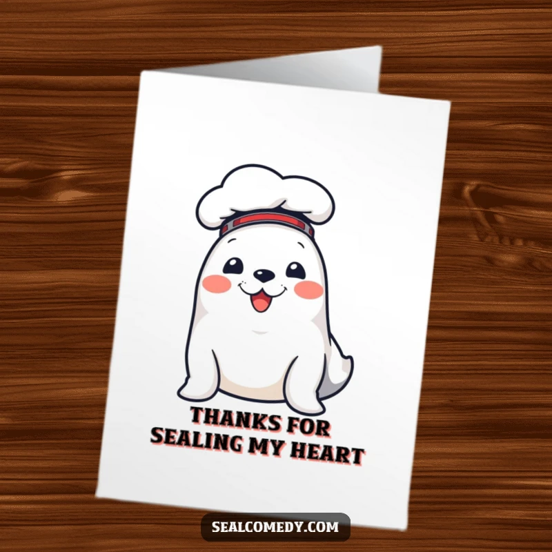 Funny free printable thank you card: A cute seal wearing a chef hat, offering a heartfelt thank you with a culinary twist.