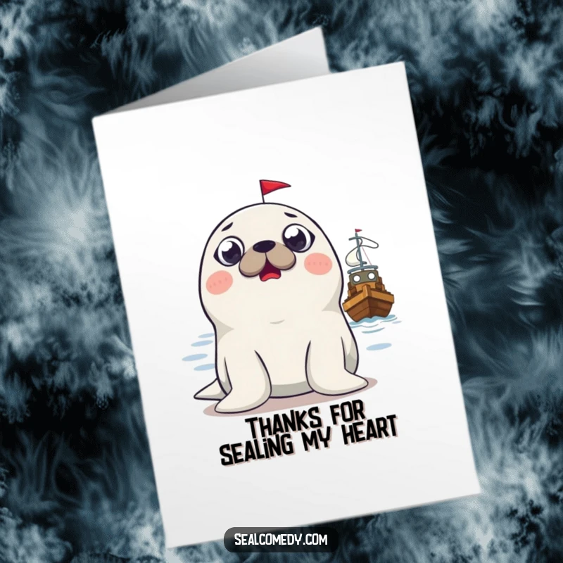 Funny Free Printable Thank You Card: A seal's comically surprised face as it spots a boat, perfect for a lighthearted thank you.
