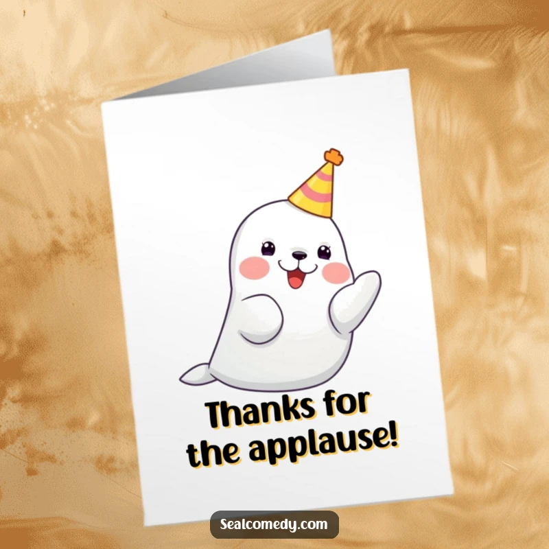 Funny Free Printable Thank You Card: A seal in a party hat joyfully claps its flippers, expressing thanks.