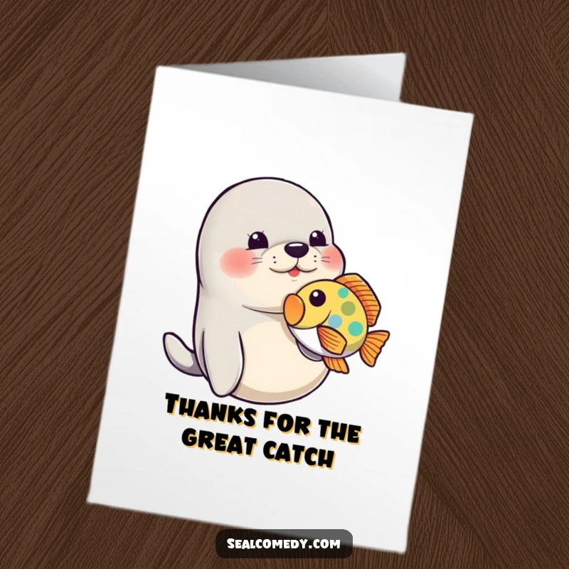 Funny Free Printable Seal Thank You Card: A playful seal nudges a colorful fish, perfect for expressing thanks.