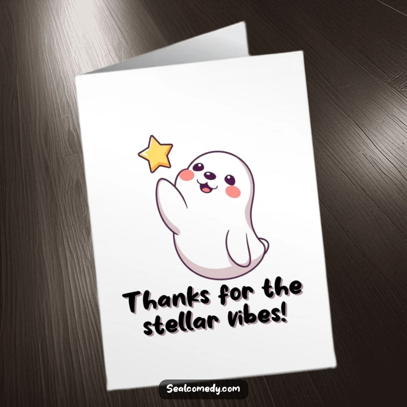 Funny Free Printable Seal Thank You Card: Playful seal reaching for star icon, expressing thanks, downloadable art.