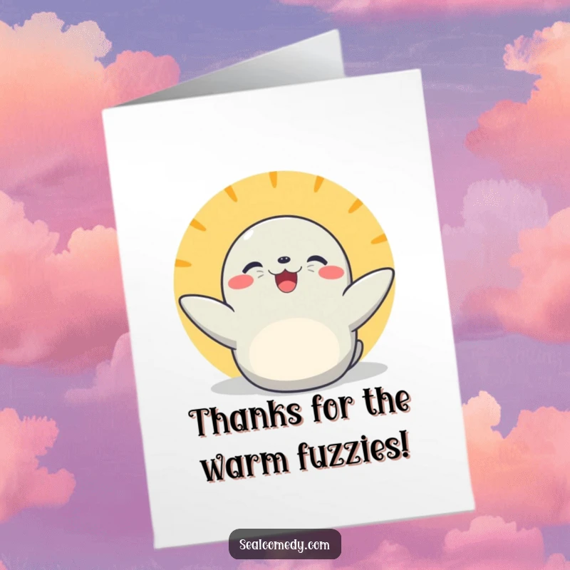 Funny free printable thank you card, joyful seal basking in the sun, flippers extended, gratitude.