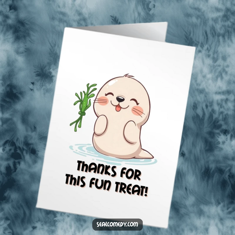 Funny Free Printable Thank You Card: Happy seal playfully batting seaweed, sending thanks your way.