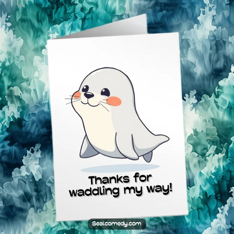 Funny Free Printable Thank You Card: A seal waddles with a determined and cheerful stride, offering heartfelt thanks. DIY downloadable.