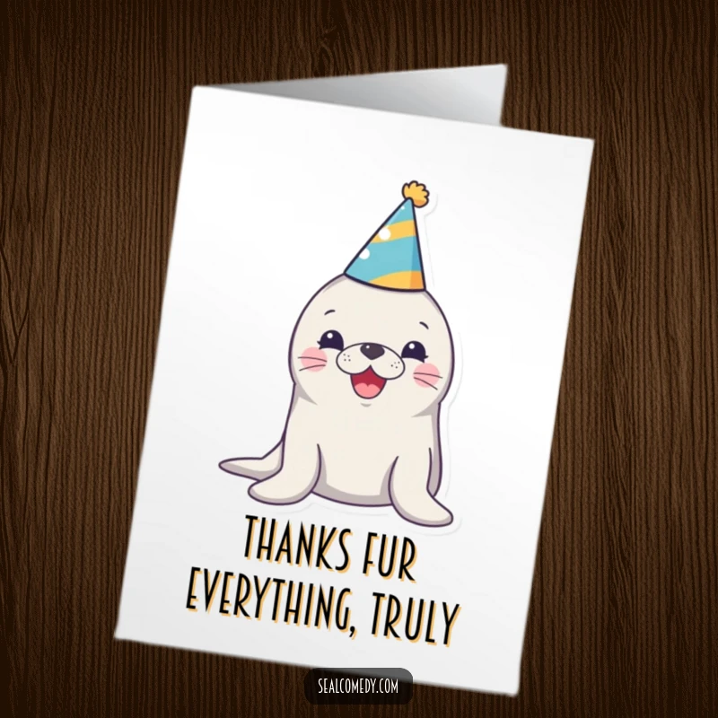Funny free printable thank you card: A seal wearing a party hat honking happily, expressing thanks with glee.