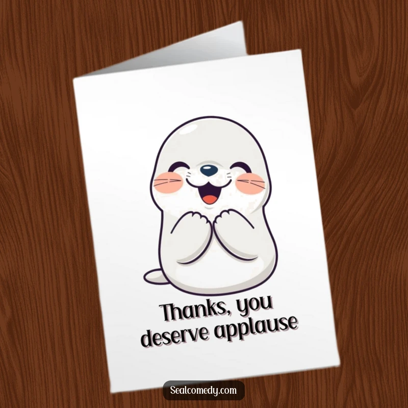 Funny Free Printable Thank You Card: Smiling seal character clapping its flippers together enthusiastically to say thank you.