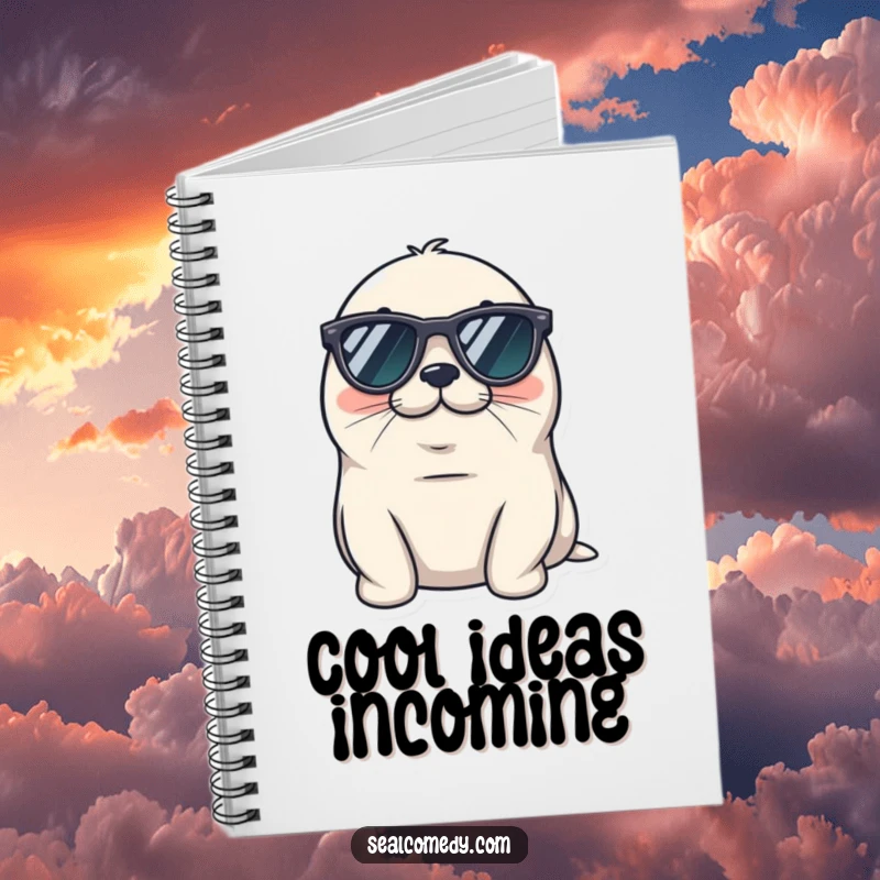 Funny seal notebook wearing tiny sunglasses, looking cool and relaxed, a chill marine mammal with awesome shades.
